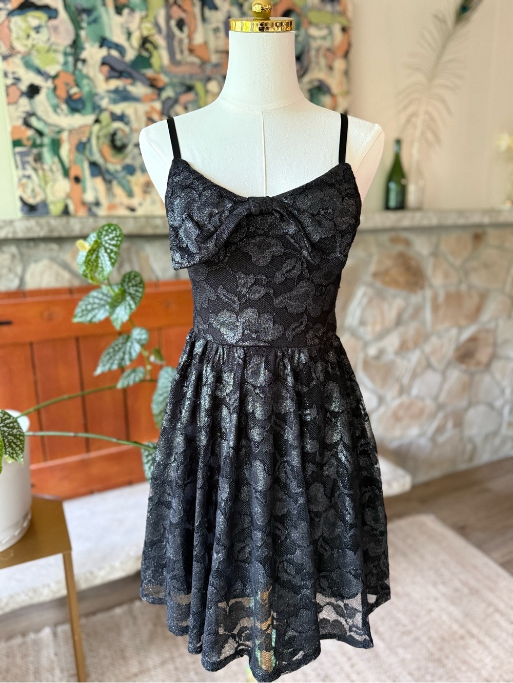 American Rag Gothic Black Lace Bow-Front Formal Dress Size XS